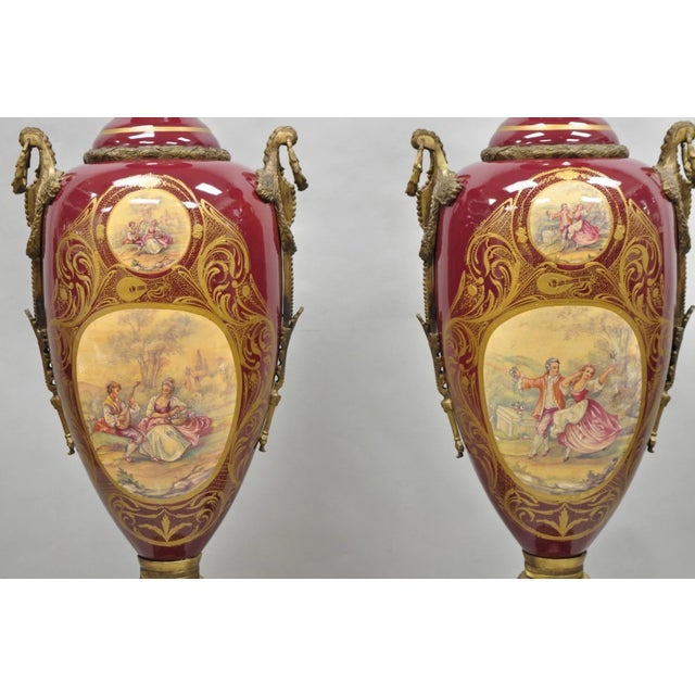 Vintage Palace Size French Sevres Style Red Porcelain Revolving Covered Urn Pair For Sale - Image 4 of 18