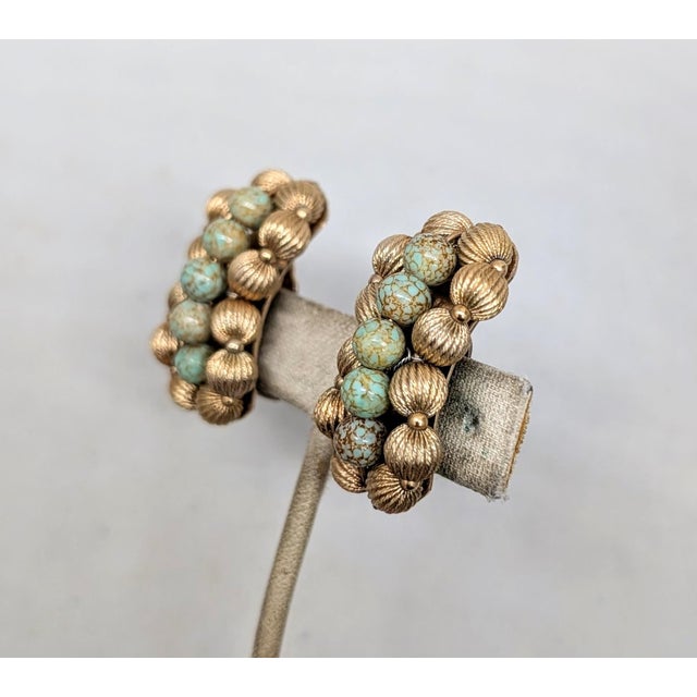 Napier Vintage 1950s Signed Napier Goldtone Faux-Turquoise Beaded Clip Earrings-2 Pieces For Sale - Image 4 of 7