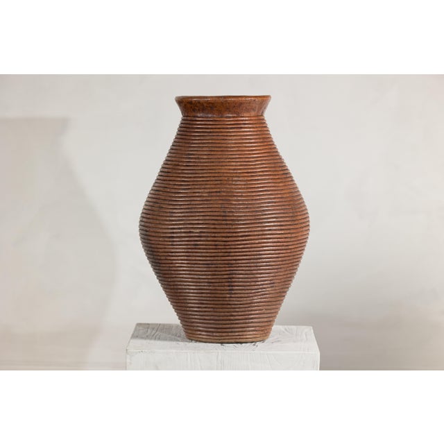 Ribbed Vintage Pottery Vase With Burnished Surface For Sale - Image 13 of 18