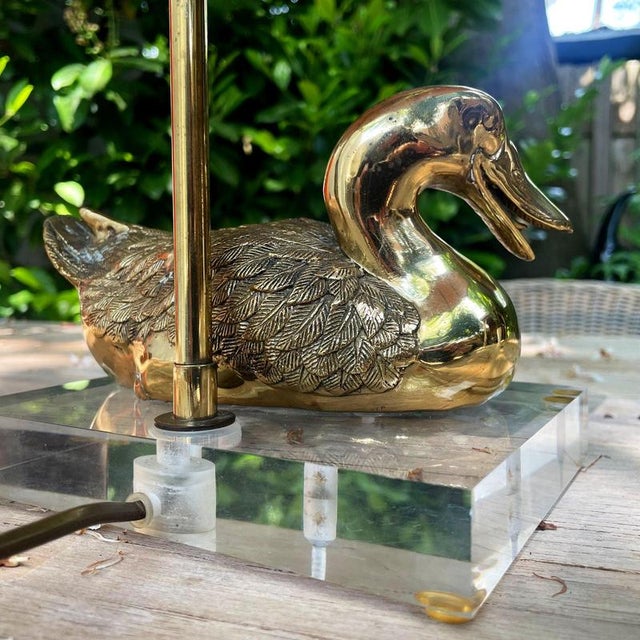 Metal Vintage Brass Duck Table Lamp on Clear Acrylic Base, 1970s For Sale - Image 7 of 18