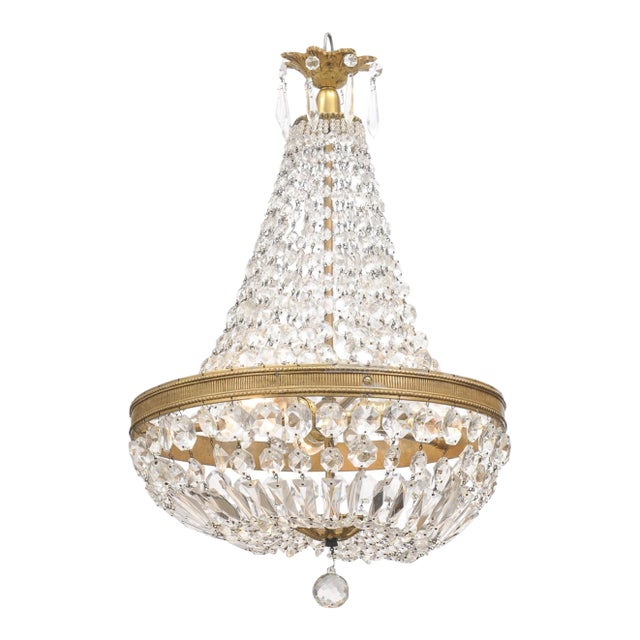 French Empire Crystal Basket Chandelier, Gilt Bronze, Early 20th C. For Sale
