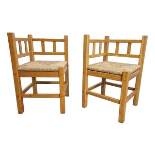 Vintage Dutch Art Deco Style Corner Chair in Oak and Rush, 1950s, Set of 2 For Sale