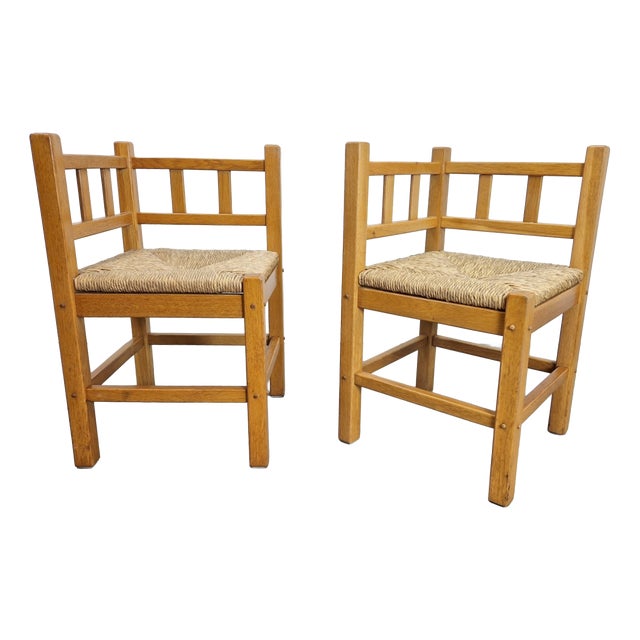 Vintage Dutch Art Deco Style Corner Chair in Oak and Rush, 1950s, Set of 2 For Sale