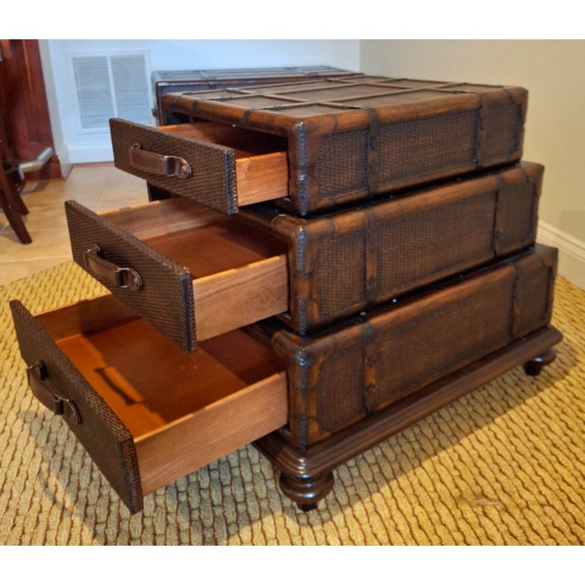 Wood Late 20th Century Stacking Luggage-Form Leather & Woven Rattan Side Table Chest For Sale - Image 7 of 11