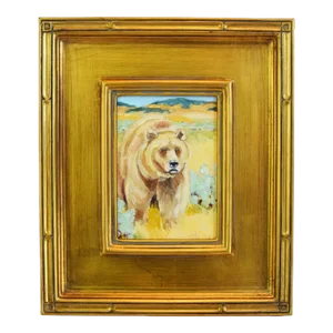 Impressionist Wildlife Nature Brown Grizzly Bear Portrait Oil Painting Displayed in an Antiqued Gold Wood Frame