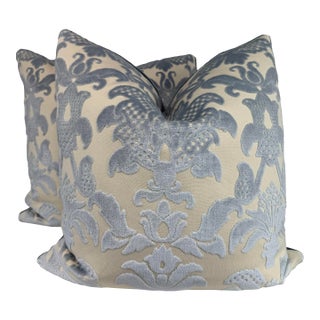 Schumacher "Limbourg Damask Velvet" in Sky 22" Pillows-A Pair For Sale