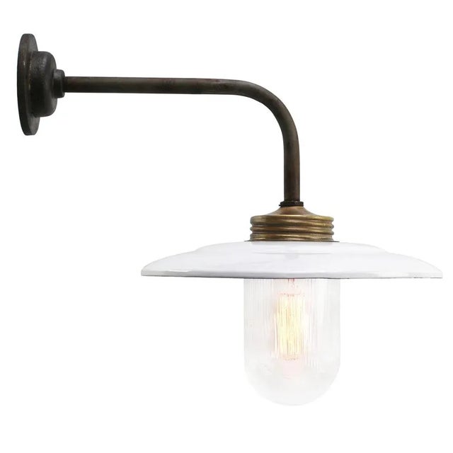 Vintage Industrial Brass and Glass Wall Light in White Enamel For Sale - Image 5 of 6