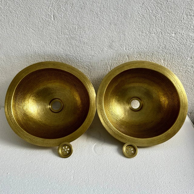Rustic Moroccan Farmhouse Hammered Brass Sink Bathroom Drop-In Oval Bar Sink With Brass Drain For Sale - Image 10 of 10