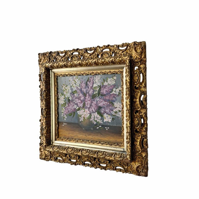 Wood Lilac Still-Life Oil Painting in Ornate Antique Gilt Frame by Alexandrov 1983 For Sale - Image 7 of 12