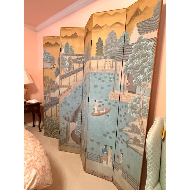 Asian Antique Antique Six Panel Watercolor Floor Screen For Sale - Image 3 of 15