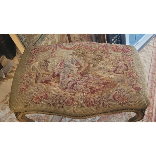 Fine antique circa 1900 tapestry covered French Louis XV small stool. Features a wonderful tapestry covered cushion...