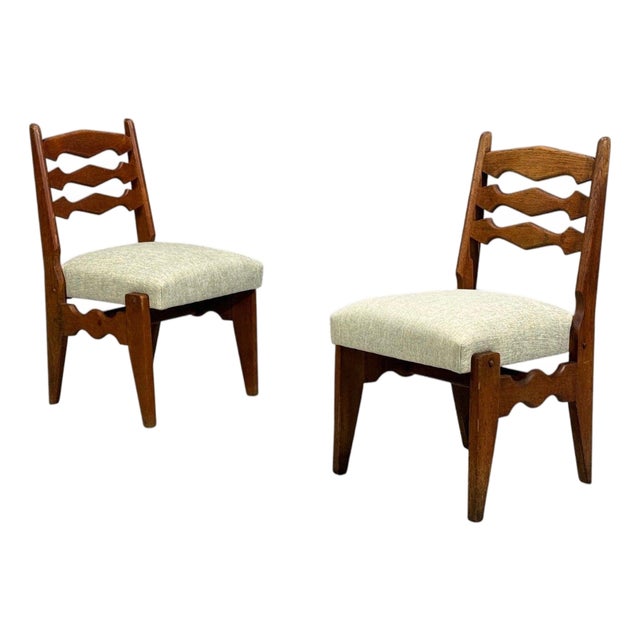 Guillerme & Chambron, Dining Chairs, Oak, Green Fabric, France, 1950s For Sale