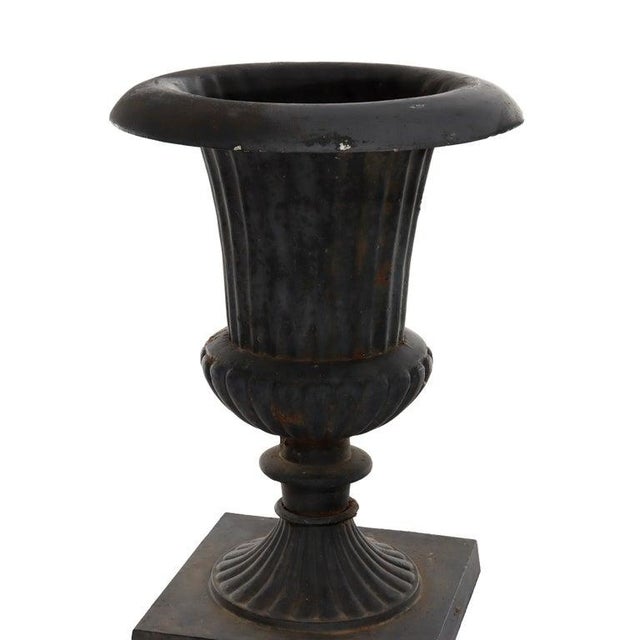 Black Pair of Antique Neoclassical Cast Iron Melon Ribbed Garden Urns C1930 For Sale - Image 8 of 10