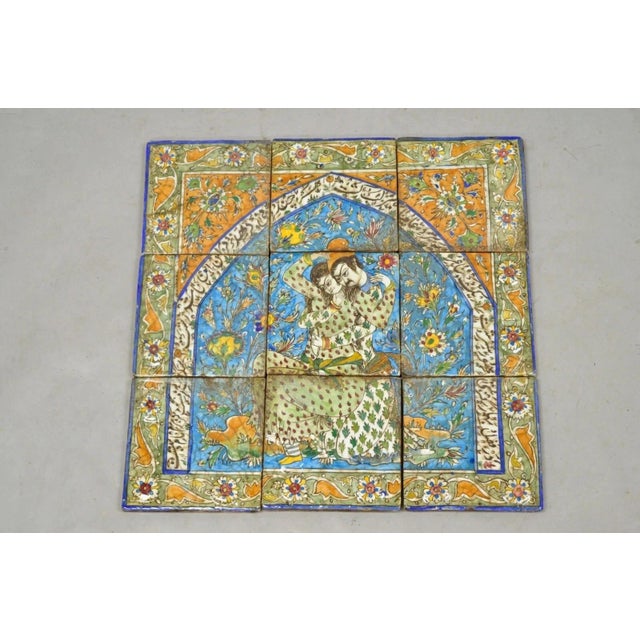 Antique Persian Iznik Qajar Style Ceramic Pottery Tile Man & Woman Mosaic Set C6 For Sale - Image 11 of 11