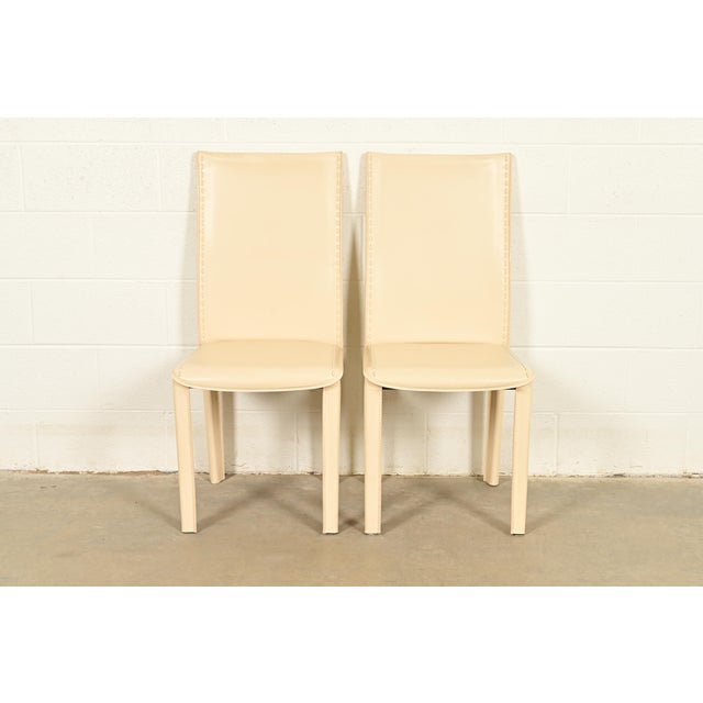 Postmodern Mario Bellini Style Italian Modern Cream Leather Wrapped High Back Side Chairs or Dining Chairs, Pair For Sale - Image 3 of 14
