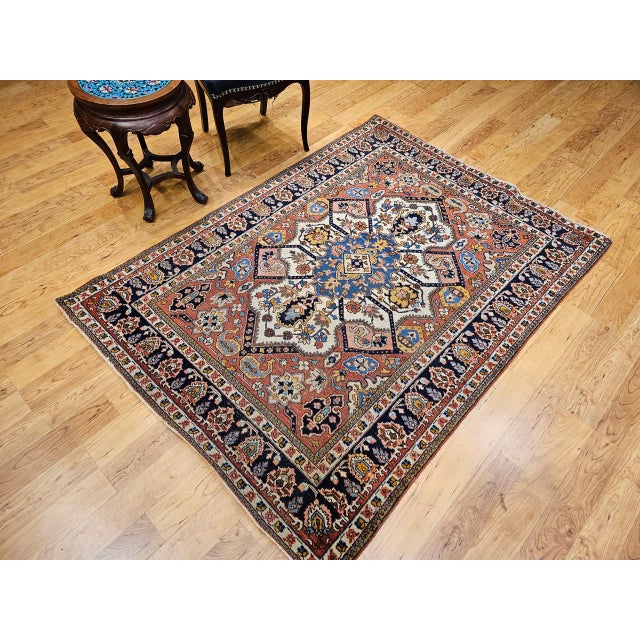 Navy Blue Vintage Persian Tabriz Area Rug, Hand-Knotted Wool, Heriz Geometric Pattern, Ivory & Red, 5x6 For Sale - Image 8 of 18