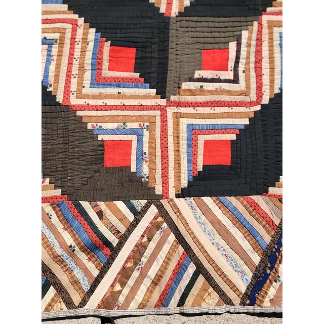 19th Century 19Thc Wool Log Cabin Quilt From Pennsylvania For Sale - Image 5 of 9