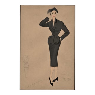 1950s Mid-Century French Fashion Drawing-Suit for the Working Woman, Matted For Sale