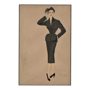 1950s Mid-Century French Fashion Drawing-Suit for the Working Woman, Matted