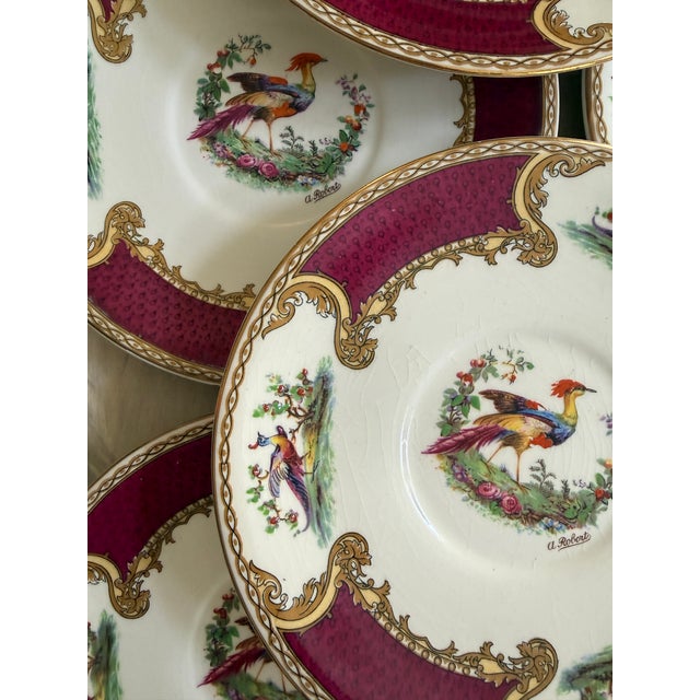 Myott Son & Co. Vintage Myott Chelsea Bird Dessert Plates – 6 7/8 Inch Staffordshire England Plates – Burgundy and Gold English China - Set of Ten (10) For Sale - Image 4 of 9