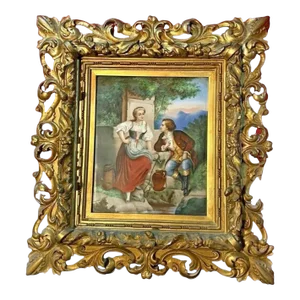 Victorian Hand Painted Porcelain Plaque Genre Scene of Couple at a Well in Carved Gilt Wood Frame 19th Century
