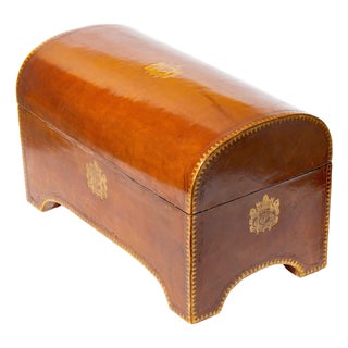 Large Italian Leather Armorial Domed Top Box For Sale