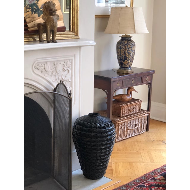 Boho Chic Vintage Black Lacquered Rattan Floor Basket Vase For Sale - Image 3 of 12