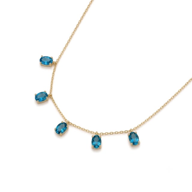 Swiss Blue Topaz Station Necklace | 925 Sterling Silver Dangling Gemstone Necklace For Sale - Image 4 of 4