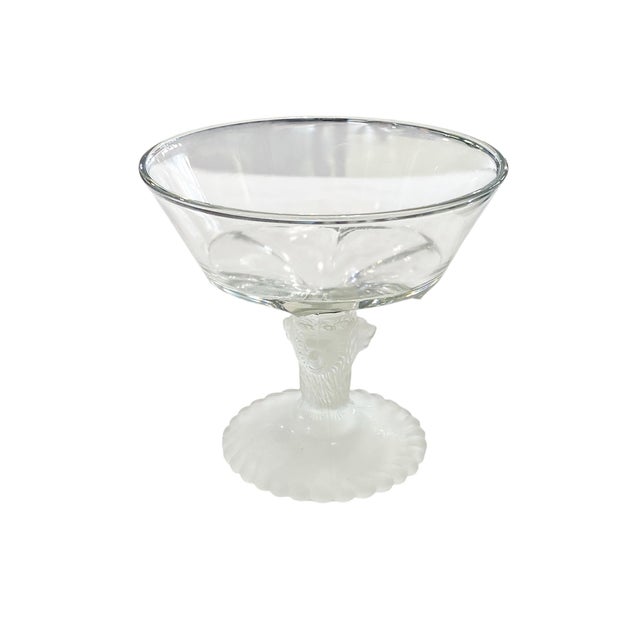 This vintage footed bowl with a clear glass and frosted base adorned with three sculptural lion heads. Standing 6.5 inches...