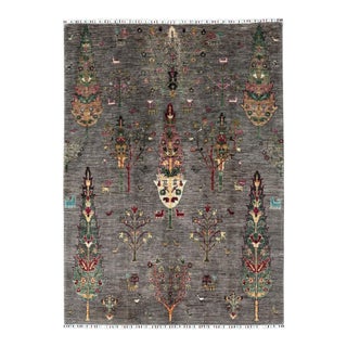 Cypress Tree Area Rug, Hand-Knotted Wool, Pictorial, 6x8, Charcoal & Rose For Sale