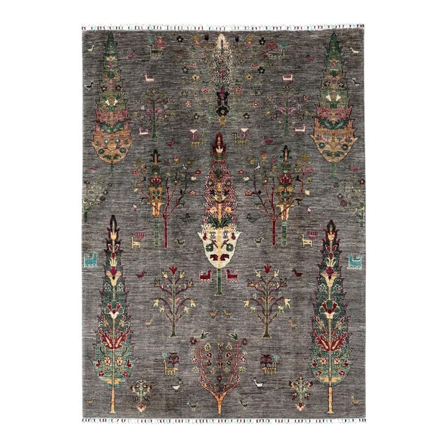 Cypress Tree Area Rug, Hand-Knotted Wool, Pictorial, 6x8, Charcoal & Rose For Sale