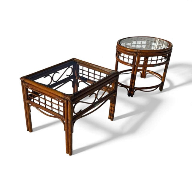 Vintage French Country Bamboo Rattan Brass Accents End Tables Side Tables W Glass Top For Sale - Image 15 of 17