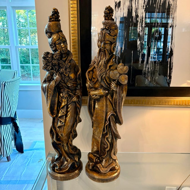 Mid-Century Modern 1970s Pair of Ceramic Sculptures of the God of Wealth and Goddess of Mercy and Compassion For Sale - Image 3 of 12