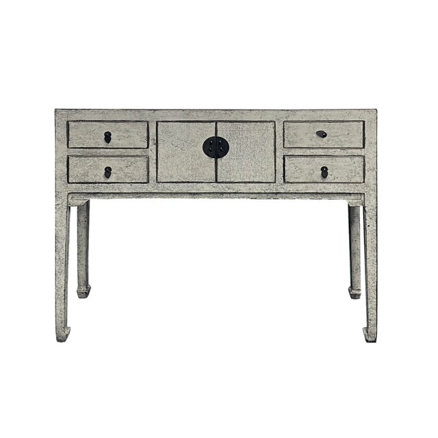 Wood Oriental Rustic Cream White Lacquer Drawers Slim Foyer Side Table For Sale - Image 7 of 7