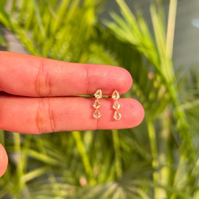 Modern 1.16 Ct Yellow Sapphire Three Stone Minimalist Stud Earrings in 14k Gold- A Pair For Sale - Image 11 of 14