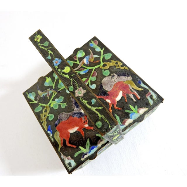 Green Antique Chinese Green and Blue Cloisonné Enamel 'Opening' Brass Ashtray With Flowers & Horses For Sale - Image 8 of 9