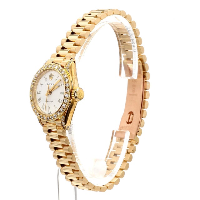Gold 1980s Rolex Precision 22mm Diamond Bezel 18k Gold Watch For Sale - Image 8 of 9