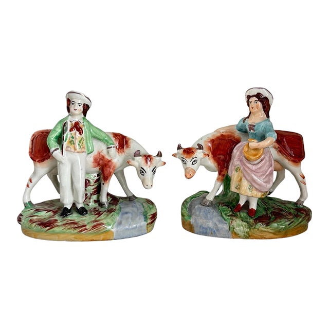 Antique English Staffordshire Milkman and Milkmaid With Cows Pair For Sale