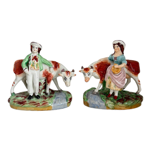 Antique English Staffordshire Milkman and Milkmaid With Cows Pair