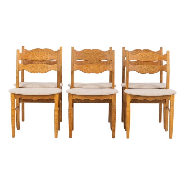 Brutalist Chairs in Oak by Henning Kjaernulf, Set of 6 For Sale