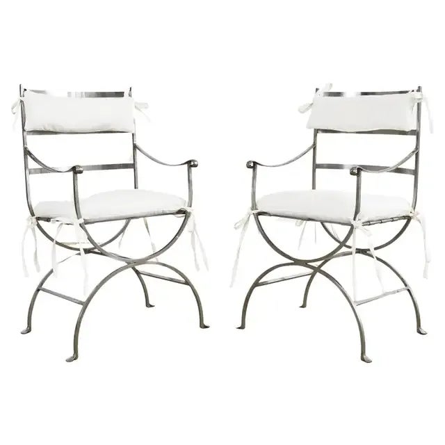 Pair of Neoclassical Style Steel Curule Garden Armchairs For Sale - Image 13 of 13