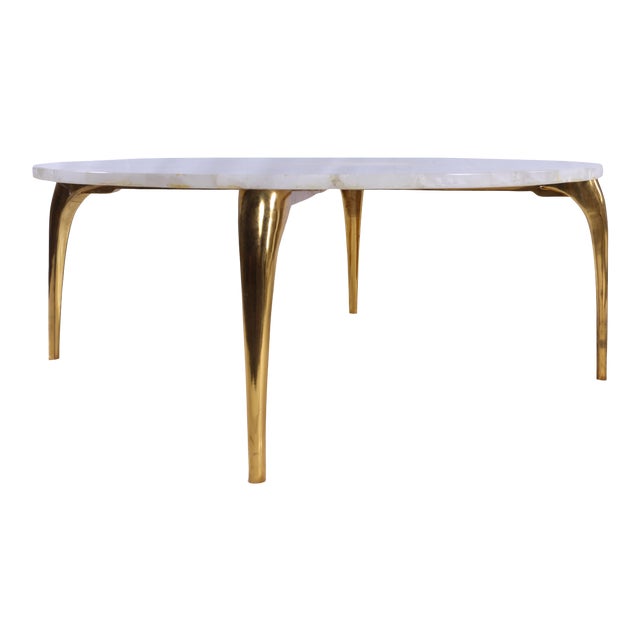 Modern White Quartz Round Coffee Table With Brass Finish Legs For Sale
