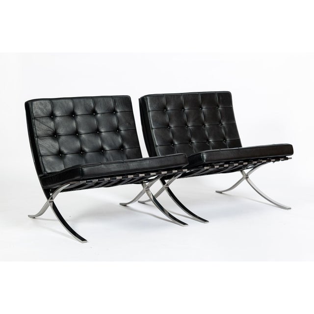 Black Pair Mid Century Black Leather Barcelona Chairs by Mies Van Der Rohe for Knoll, 1977 For Sale - Image 8 of 17