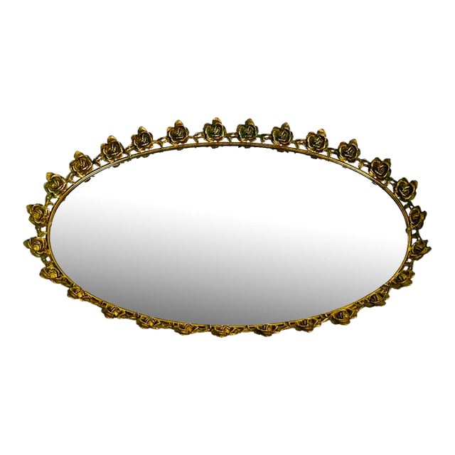 Large Oval Rose Gilt Filigree Mirror Bar Tray For Sale