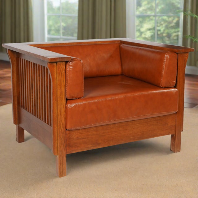 2020s Arts and Crafts / Craftsman Cubic Slat Side Arm Chair - Russet Brown Leather (Rb2) For Sale - Image 5 of 5