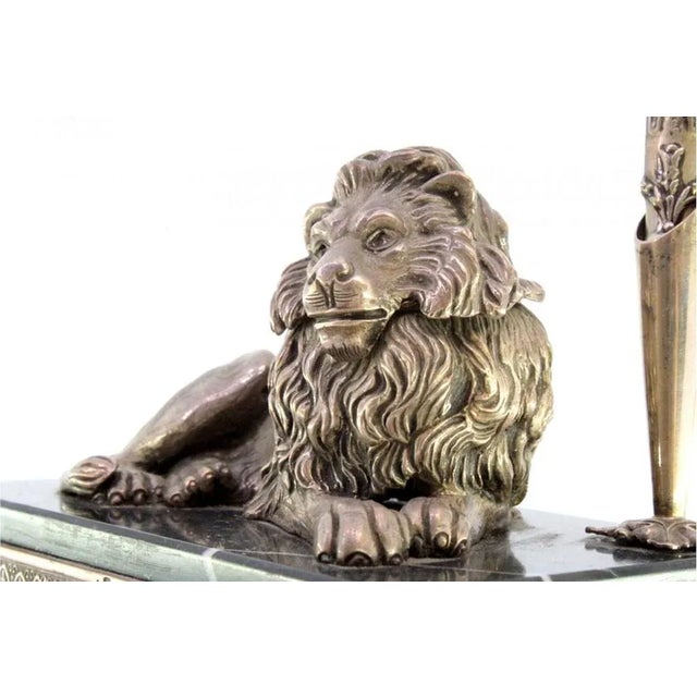 Silver Inkwell with Lion Figure and Pen on Marble and Silver Base with Claw-Shaped Feet For Sale - Image 5 of 9