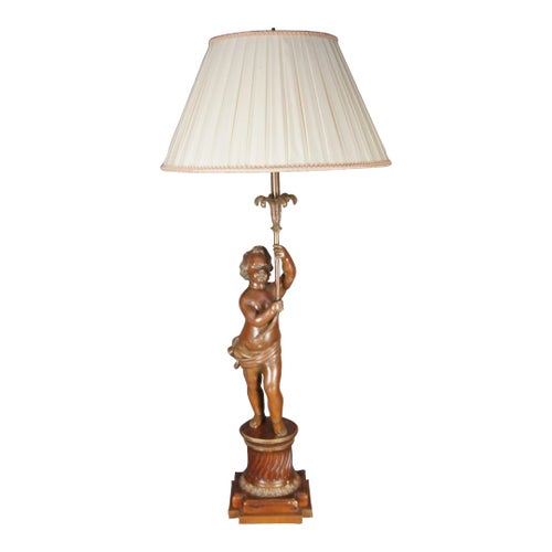 Vintage French Art Nouveau Style Bronze Cherub Table Lamp Mahogany