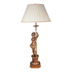 Vintage French Art Nouveau Style Bronze Cherub Table Lamp Mahogany Carved Base