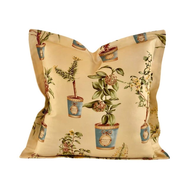 Hand-Printed European Fabricut Vervain Botanique Green Rusty-Red Turquoise Yellow Botanical Potted Floral Pillow Covers- 22" Pair For Sale In Jacksonville, FL - Image 6 of 10
