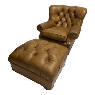 Ralph Lauren Polo Leather Writers Chair With Matching Ottoman For Sale